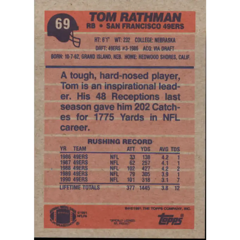 1991 Topps #69 Tom Rathman NM-MT San Francisco 49ers Football Card - Football Card Single