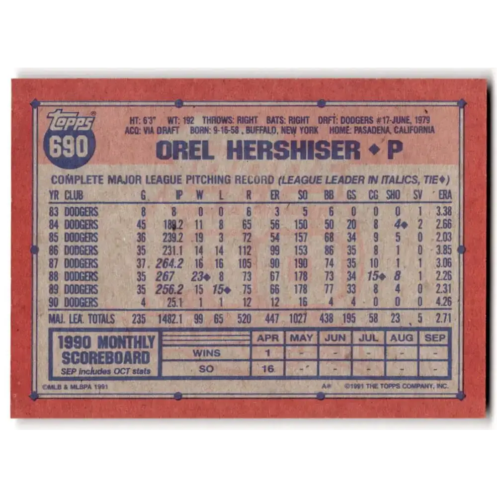 1991 Topps #690 Orel Hershiser NM-MT Los Angeles Dodgers Baseball Card - Baseball Card Single