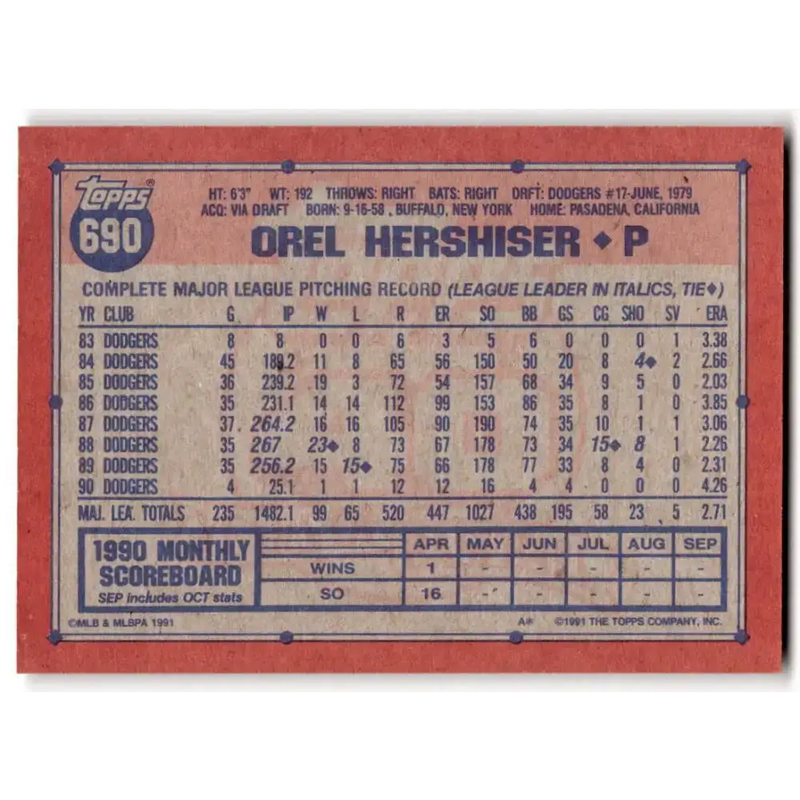 1991 Topps #690 Orel Hershiser NM-MT Los Angeles Dodgers Baseball Card - Baseball Card Single