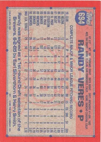 Randy Veres baseball card with original gloss, 1991 Topps #694 NM-MT Brewers