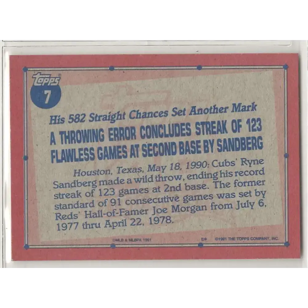 1991 Topps #7 Ryne Sandberg NM-MT Chicago Cubs Baseball Card - Baseball Card Single
