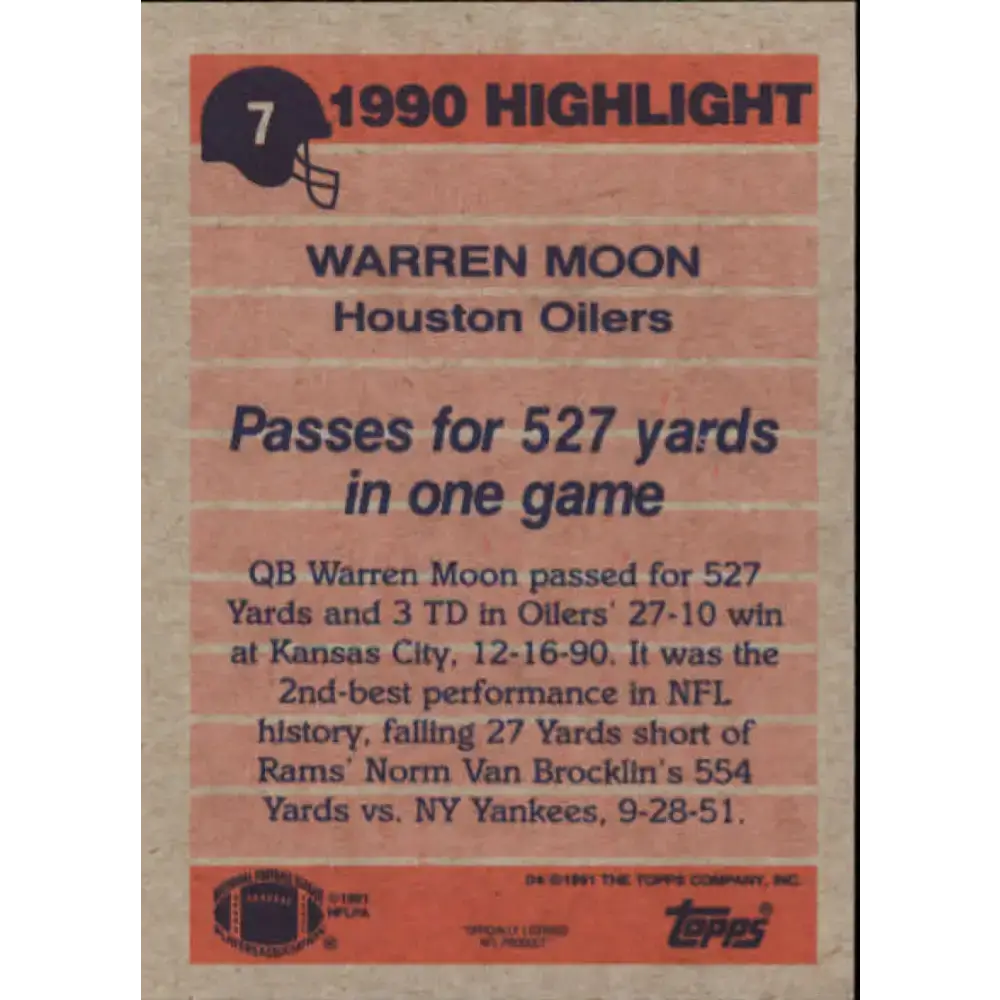 1991 Topps #7 Warren Moon NM-MT Houston Oilers Football Card - Football Card Single