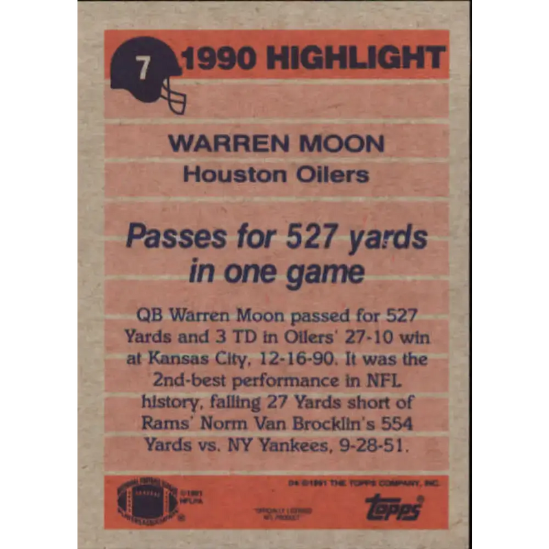 1991 Topps #7 Warren Moon NM-MT Houston Oilers Football Card - Football Card Single