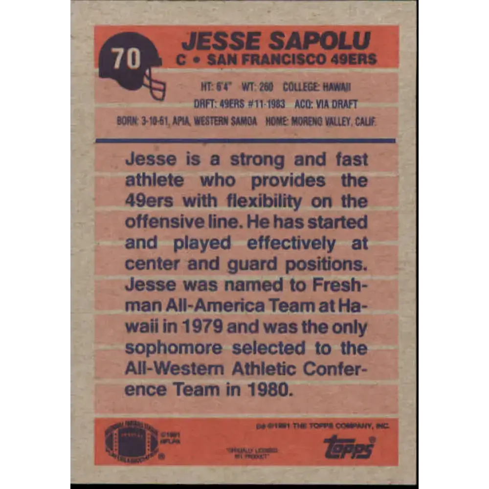 1991 Topps #70 Jesse Sapolu NM-MT San Francisco 49ers Football Card