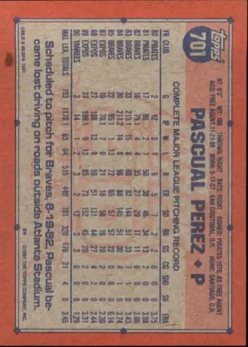 Baseball card back featuring original gloss for Pascual Perez NM-MT from 1991 Topps