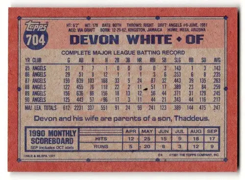 Original gloss Devon White California Angels baseball card from 1991 Topps #704