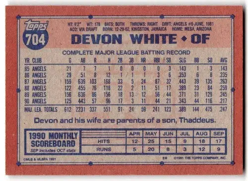 1991 Topps #704 Devon White EX/NM Angels ID:43322 - Baseball Card Single
