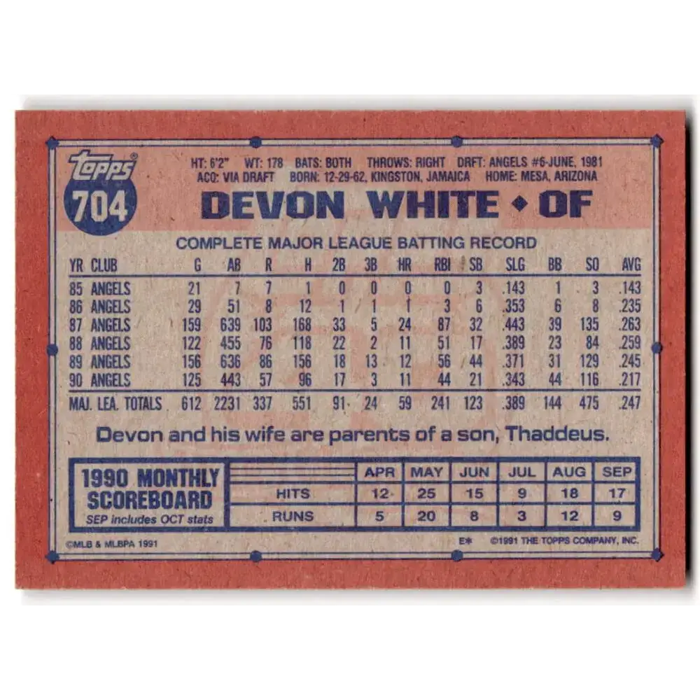 1991 Topps #704 Devon White NM-MT California Angels Baseball Card - Baseball Card Single