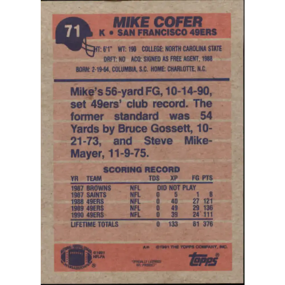 1991 Topps #71 Mike Cofer NM-MT San Francisco 49ers Football Card - Football Card Single