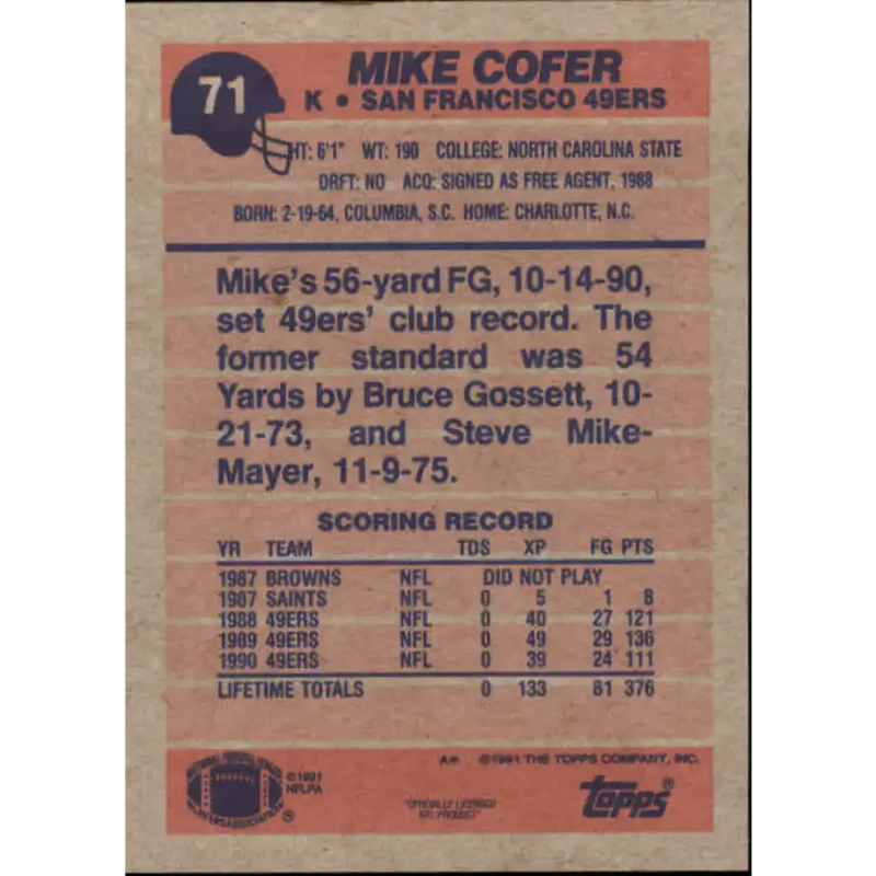 1991 Topps #71 Mike Cofer NM-MT San Francisco 49ers Football Card - Football Card Single