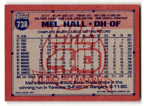 Original gloss Mel Hall Yankees baseball card from 1991 Topps #738 showcasing Mel Hall