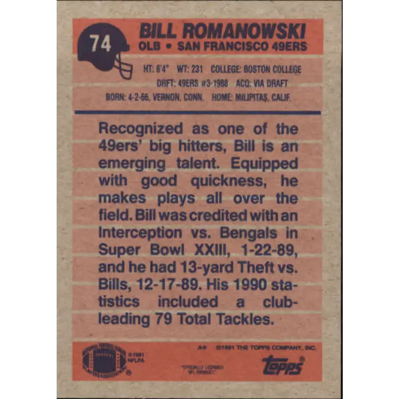 1991 Topps #74 Bill Romanowski NM-MT San Francisco 49ers Football Card - Football Card Single