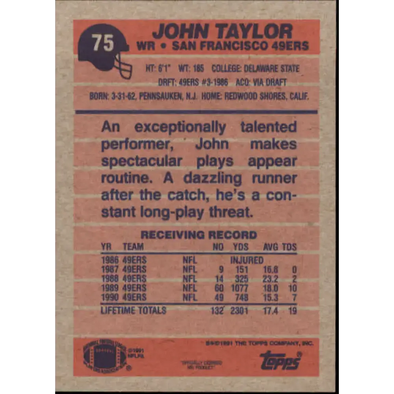 1991 Topps #75 John Taylor NM-MT San Francisco 49ers Football Card - Football Card Single
