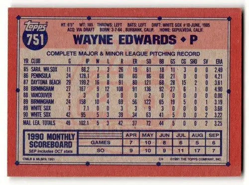 Back of 1991 Topps Wayne Edwards Chicago White Sox baseball card with original gloss