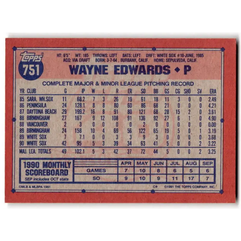 1991 Topps #751 Wayne Edwards NM-MT Chicago White Sox Baseball Card - Baseball Card Single
