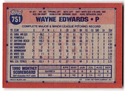 1991 Topps #751 Wayne Edwards NM Near Mint White Sox ID:43336 - Baseball Card Single