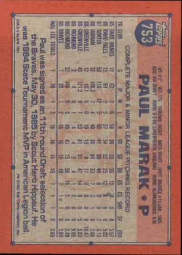 Paul Marak rookie Braves baseball card with original gloss from 1991 Topps UER
