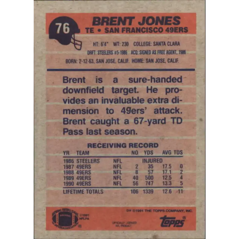 1991 Topps #76 Brent Jones NM-MT San Francisco 49ers Football Card - Football Card Single