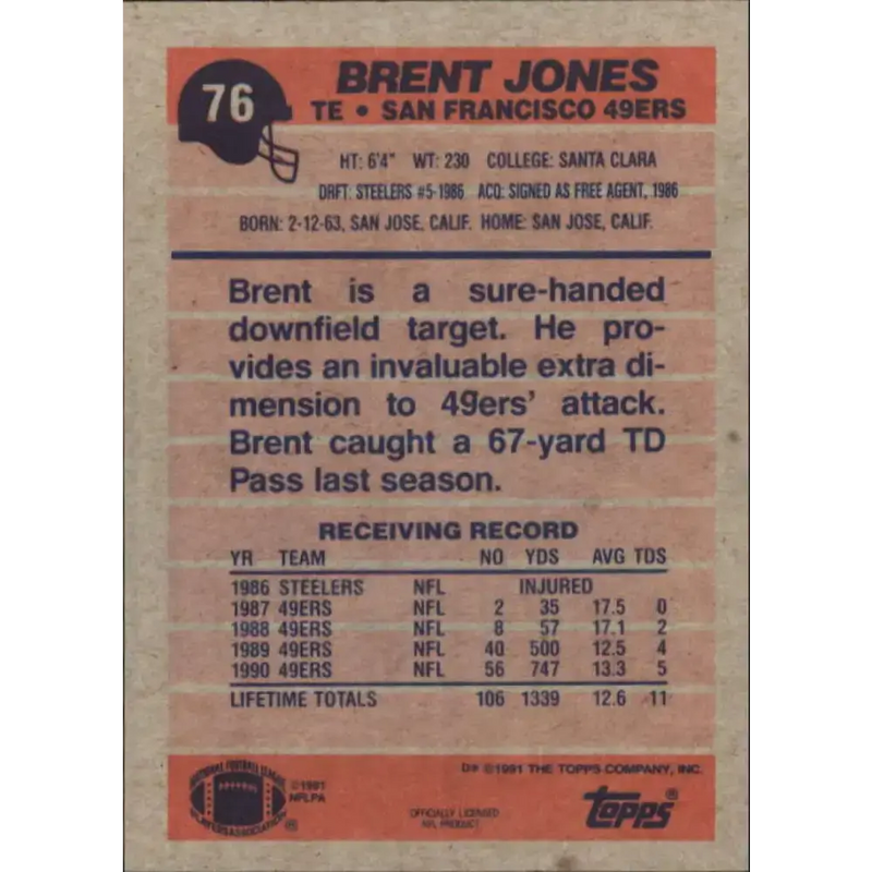 1991 Topps #76 Brent Jones NM-MT San Francisco 49ers Football Card - Football Card Single