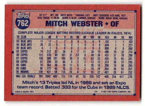 Mitch Webster baseball card with original gloss from 1991 Topps Cleveland Indians series