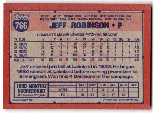 1991 Topps #766 Jeff Robinson EX/NM Tigers ID:43332 - Baseball Card Single