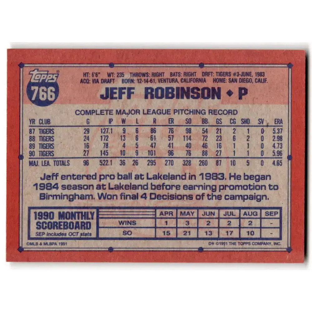 1991 Topps #766 Jeff Robinson NM-MT Detroit Tigers Baseball Card - Baseball Card Single