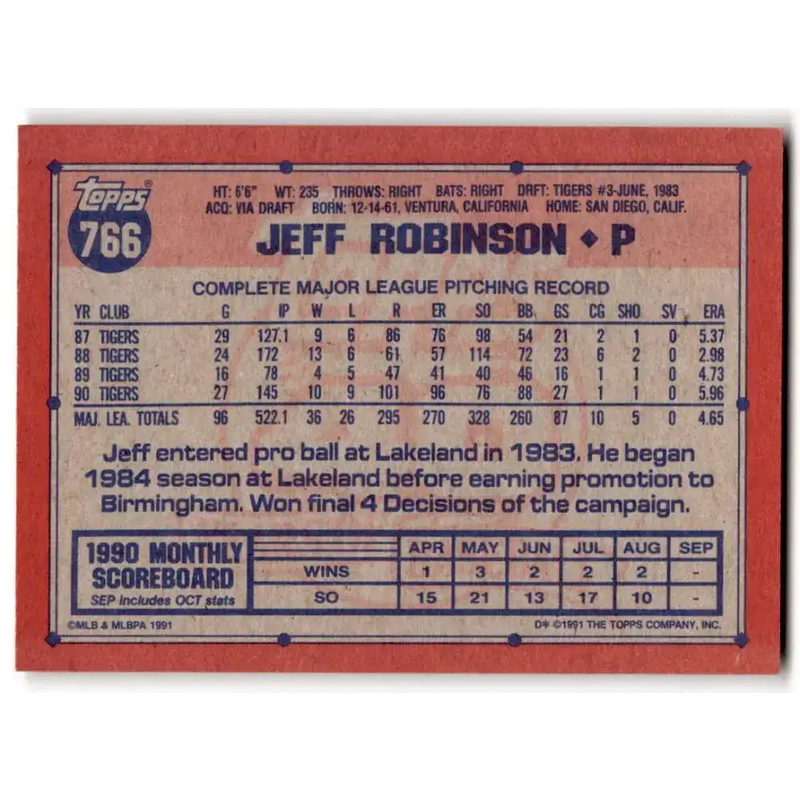 1991 Topps #766 Jeff Robinson NM-MT Detroit Tigers Baseball Card - Baseball Card Single