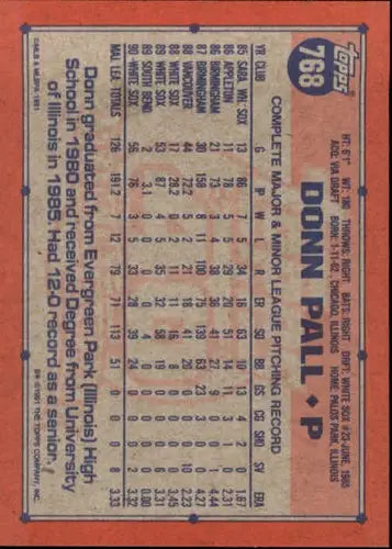 Original gloss baseball card back of Donn Pall from 1991 Topps White Sox series