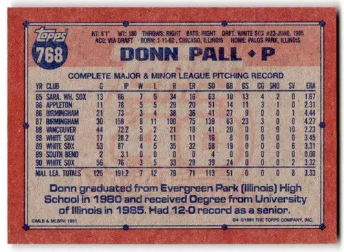 1991 Topps #768 Donn Pall NM Near Mint White Sox ID:43355 - Baseball Card Single