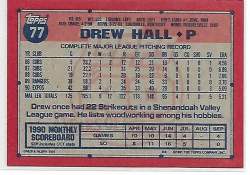 1991 Topps #77 Drew Hall NM-MT Expos - Baseball Card Single