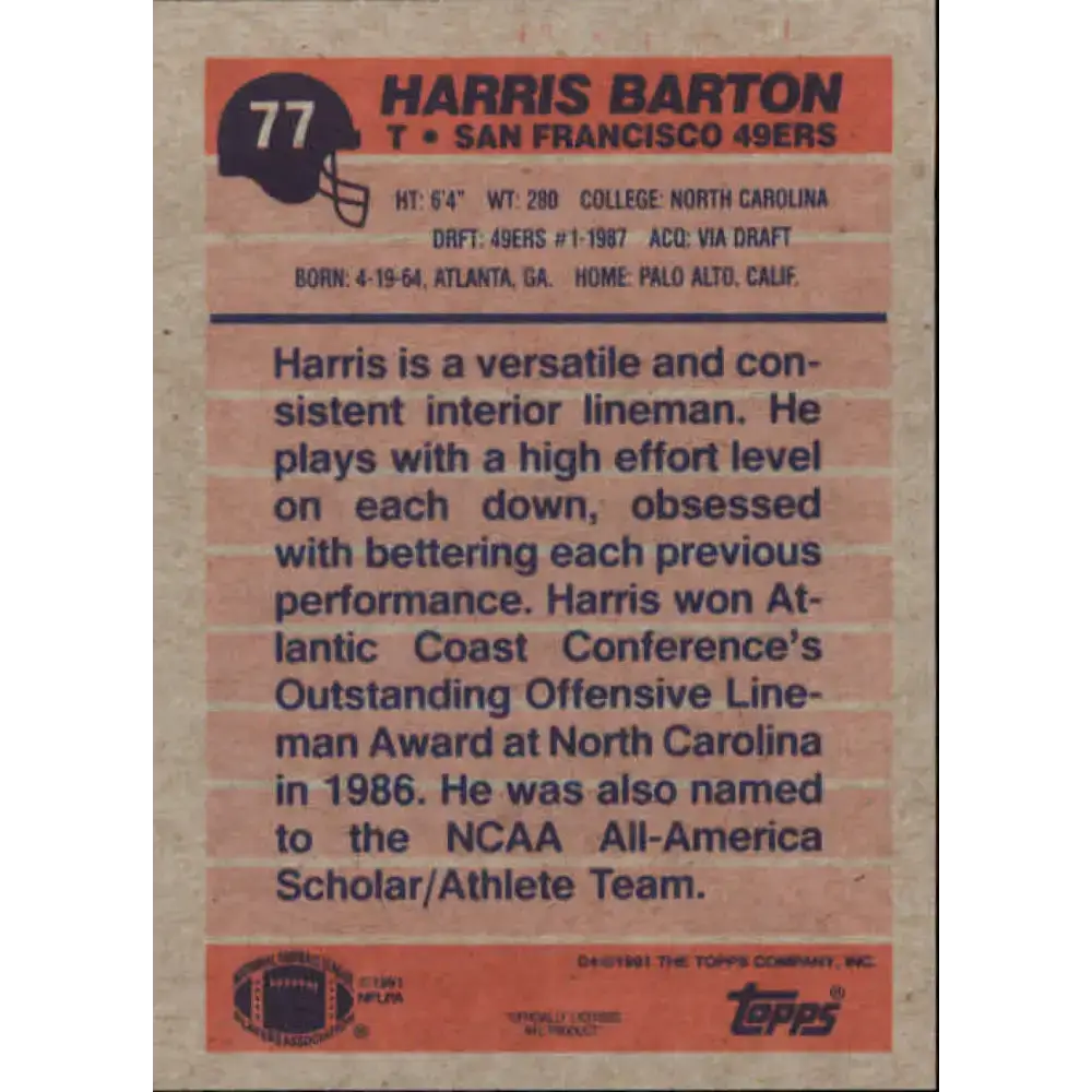 1991 Topps #77 Harris Barton NM-MT San Francisco 49ers Football Card