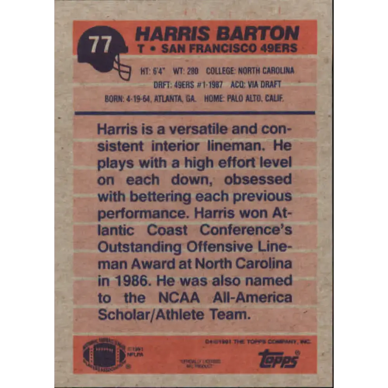 1991 Topps #77 Harris Barton NM-MT San Francisco 49ers Football Card