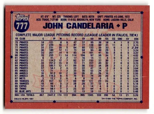 1991 Topps #777 John Candelaria Toronto Blue Jays Baseball Cards ID:53039 - Baseball Card Single