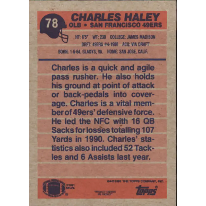 1991 Topps #78 Charles Haley NM-MT San Francisco 49ers Football Card - Football Card Single