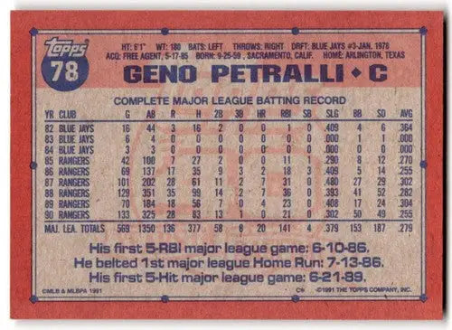 1991 Topps #78 Geno Petralli NM-MT Rangers ID:43354 - Baseball Card Single