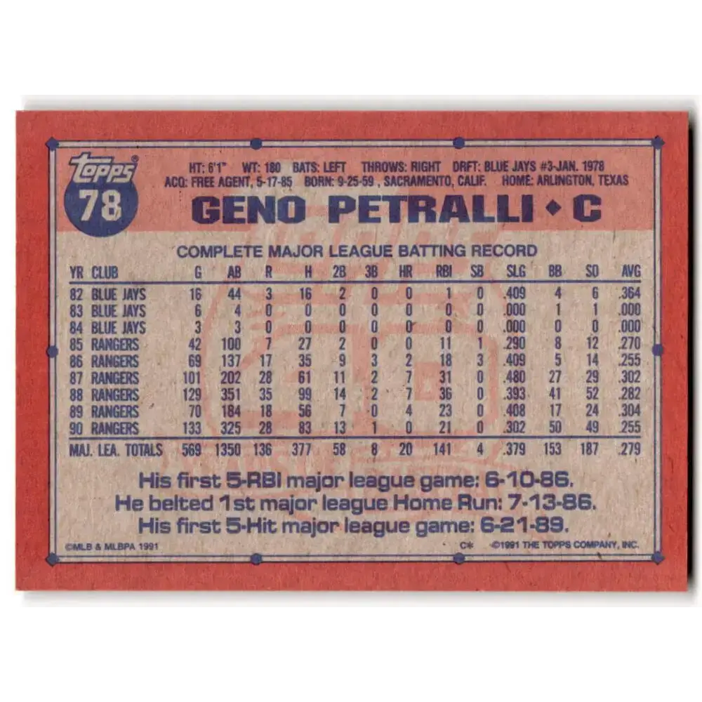 1991 Topps #78 Geno Petralli NM-MT Texas Rangers Baseball Card - Baseball Card Single