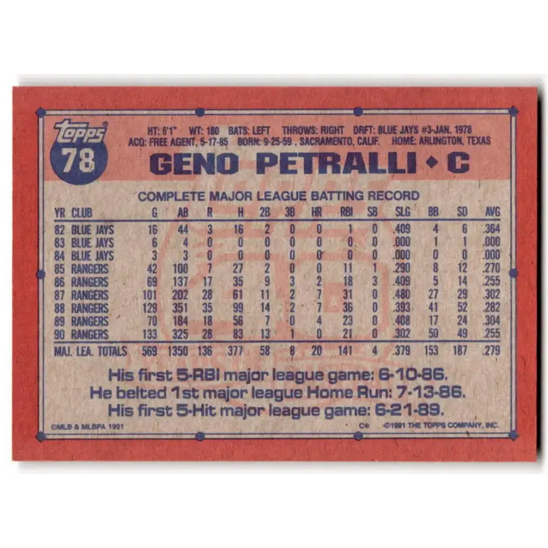 1991 Topps #78 Geno Petralli NM-MT Texas Rangers Baseball Card - Baseball Card Single