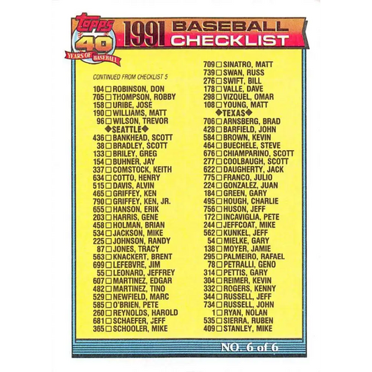 1991 Topps #787 Checklist #6 NM-MT Checklist Baseball Card - Baseball Card Single