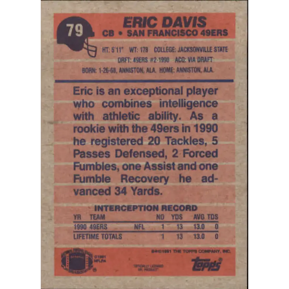 1991 Topps #79 Eric Davis NM-MT San Francisco 49ers Football Card - Football Card Single