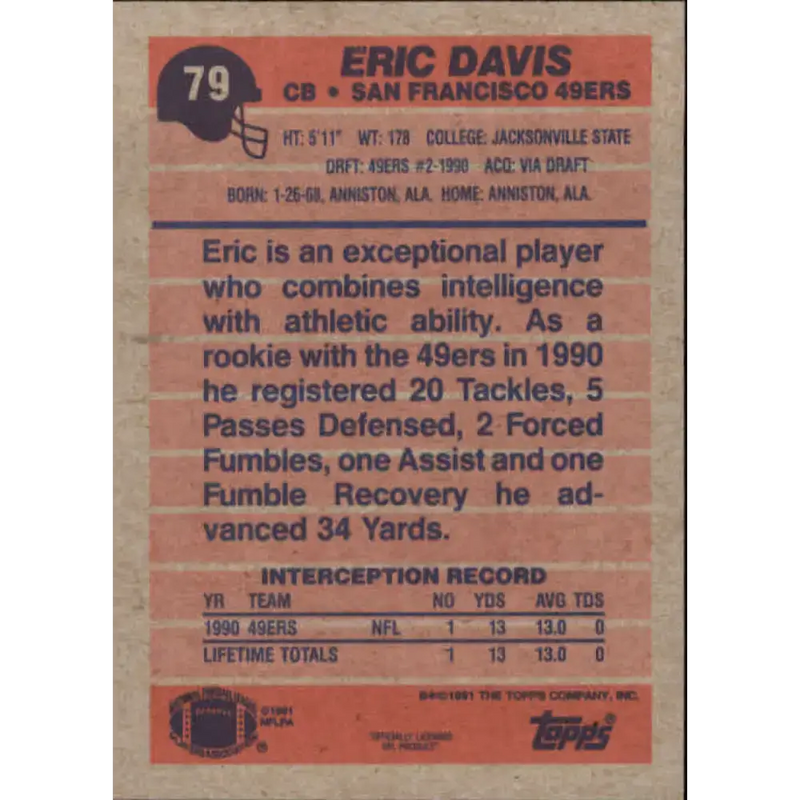 1991 Topps #79 Eric Davis NM-MT San Francisco 49ers Football Card - Football Card Single