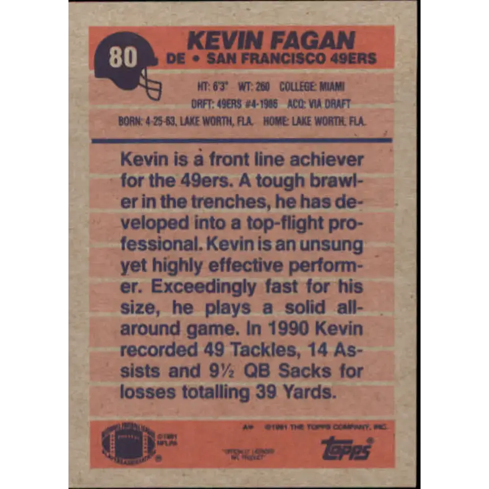 1991 Topps #80 Kevin Fagan NM-MT San Francisco 49ers Football Card - Football Card Single