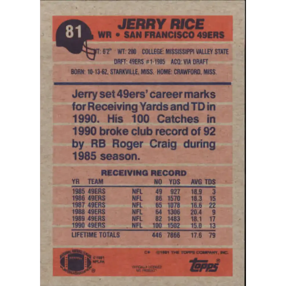 1991 Topps #81 Jerry Rice NM-MT San Francisco 49ers Football Card - Football Card Single