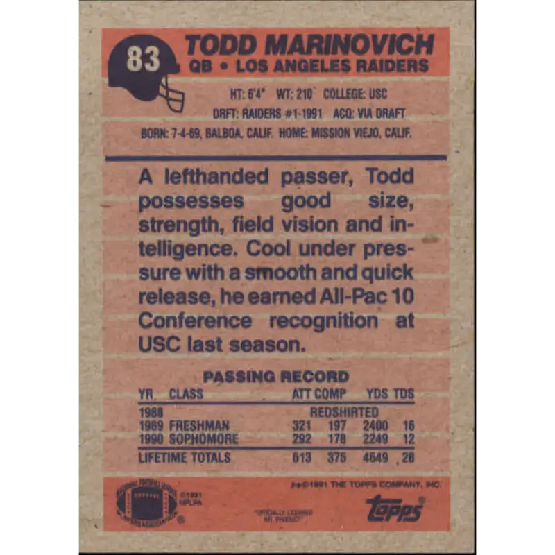 1991 Topps #83 Todd Marinovich NM-MT RC Rookie Los Angeles Raiders Football Card
