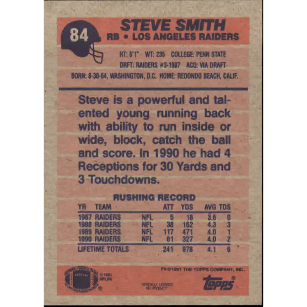1991 Topps #84 Steve Smith NM-MT Los Angeles Raiders Football Card - Football Card Single