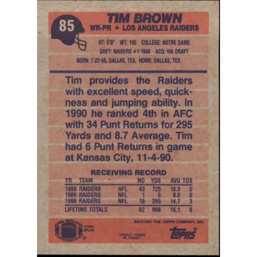 1991 Topps #85 Tim Brown NM-MT Los Angeles Raiders Football Card - Football Card Single