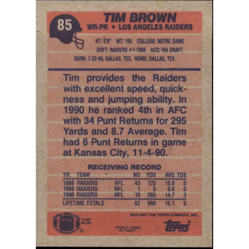 1991 Topps #85 Tim Brown NM-MT Los Angeles Raiders Football Card - Football Card Single