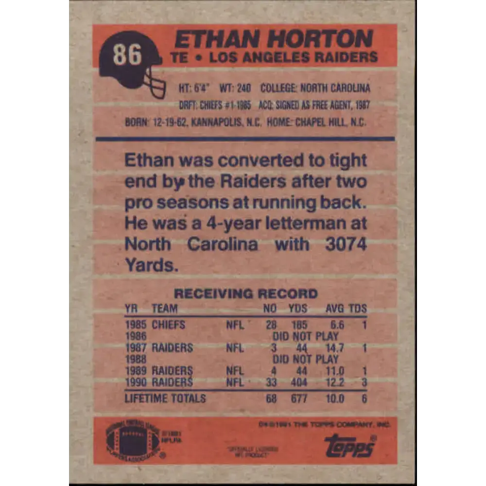 1991 Topps #86 Ethan Horton NM-MT Los Angeles Raiders Football Card - Football Card Single