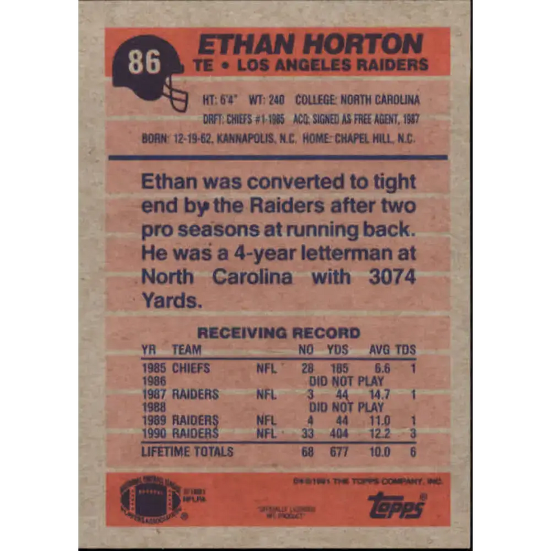 1991 Topps #86 Ethan Horton NM-MT Los Angeles Raiders Football Card - Football Card Single