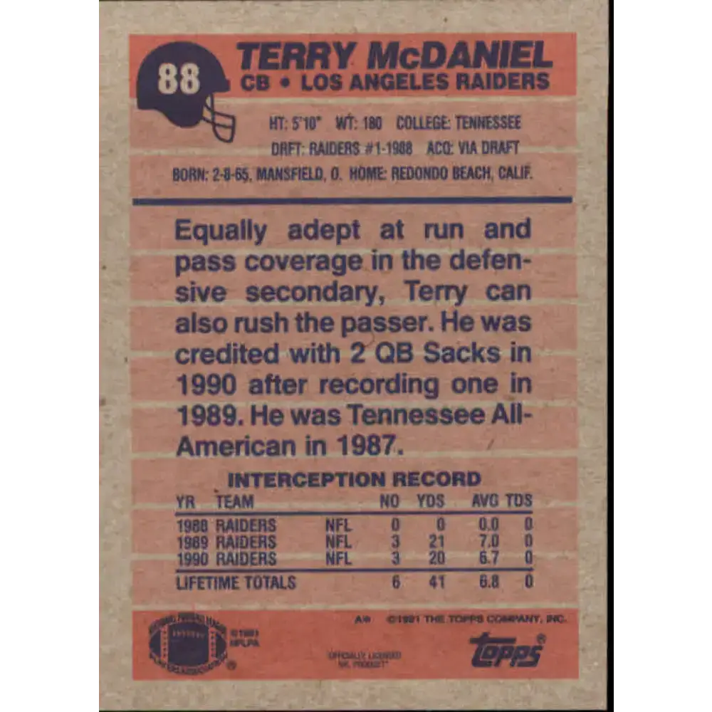 1991 Topps #88 Terry McDaniel NM-MT Los Angeles Raiders Football Card - Football Card Single