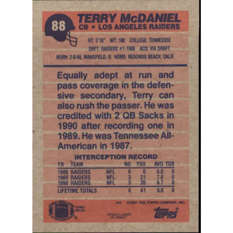 1991 Topps #88 Terry McDaniel NM-MT Los Angeles Raiders Football Card - Football Card Single